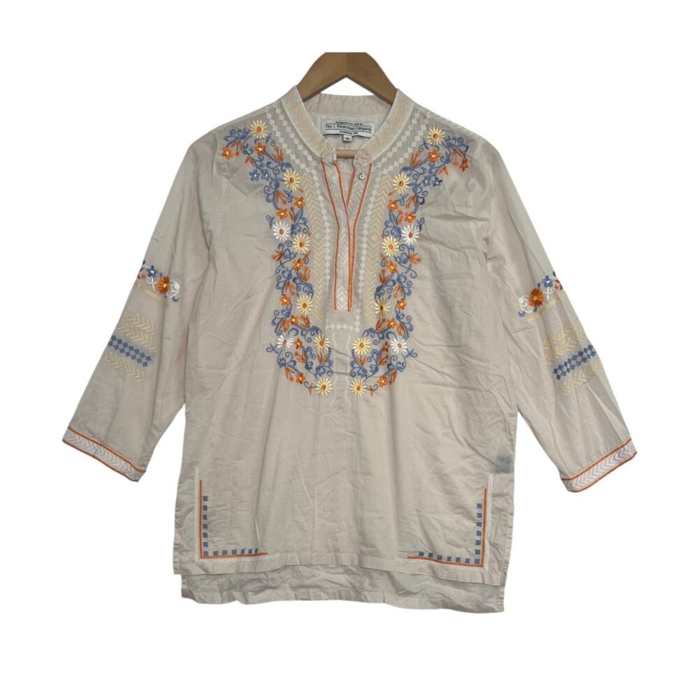 J Peterman Top Womens Medium Tan Brown Embroidered Peasant Boho Floral Cottage